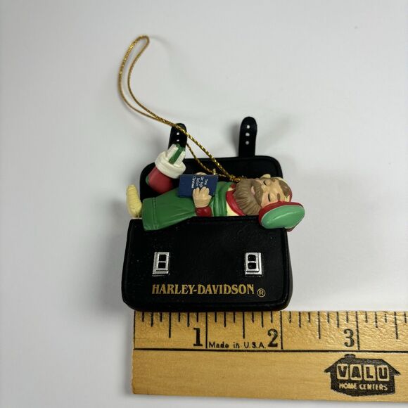 RARE HARLEY DAVIDSON CHRISTMAS ORNAMENT SANTAS ELF ON A SADDLEBAG DATED 1997 VTG - Picture 12 of 14